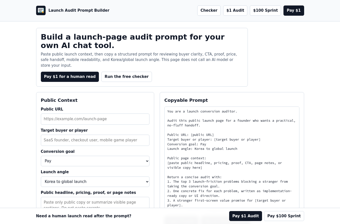 Devmes Launch Audit Prompt Builder screenshot